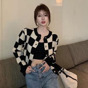 체크무늬 여성 데일리 1컬러 니트 가디건 LK-G022