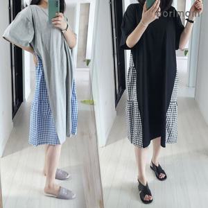 [보리맘]체크 포인트 수유복 여름 수유 원피스 코튼 임산부 홈웨어 잠옷 ID388