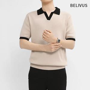 빌리버스 남성 여름 배색 오픈카라 반팔니트 BRE051