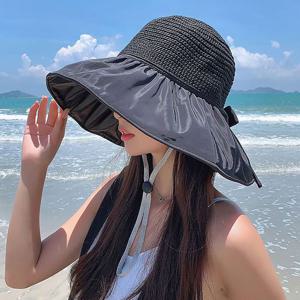 여성 데일리 더블창 와이어 백 리본 비치모자 버킷햇