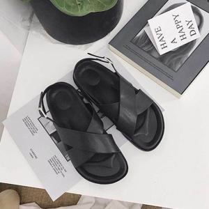 x스트랩 가죽 샌들 여자 블랙 데일리 편한 슈즈