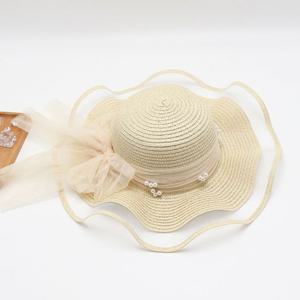 진주 리본 비치 모자 내추럴 밀짚