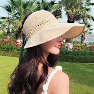여성 빅 리본 라탄 썬캡 넓은 챙 여름 햇빛차단