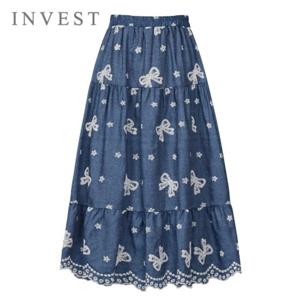 리본 나염 데님 롱 스커트_INI5M1SK8181