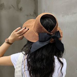 돌돌이 와이드챙 백리본 포인트 여성 왕골모자 썬캡