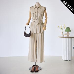 [커스텀에이블] 단추 견장 민소매 셔츠 밴딩팬츠 2종세트_T2504SE607B