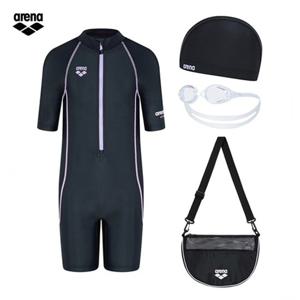 아레나 생존수영 킥앤풀 A5SG1KG03 BLK (주머니백 증정) 여아동 3부반신슈트수영복 수경 수모 가방 4종세트