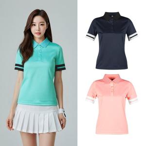 럭스골프 여성 배색 와이드 시보리 슬리브 카라 반팔 티셔츠 LB25M620W