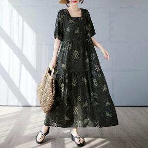 G126924_스퀘어넥 루즈핏 린넨 프린트 롱원피스