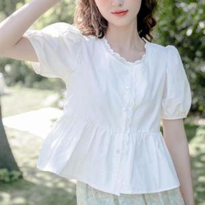 G126919_레이스포인트 밴딩퍼프 반팔 블라우스