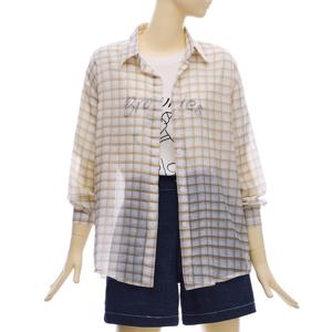 [포커스]셔츠카라 텐셀 체크 롱 블라우스 PBBF5M1BL5981