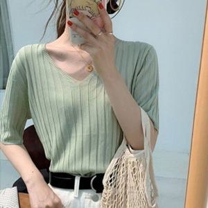 [잇백잇슈]쿨니트브이넥반팔티 여름 썸머 편안 심플 데일리 여성