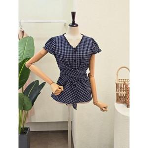 [포커스]25FM5E9BL5181_체크 허리 리본 블라우스