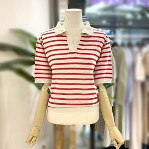 [파르베]  F23A51225_린넨 단가라 오픈 카라 반팔 니트