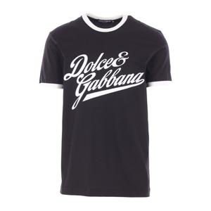 돌체앤가바나 블랙 코튼 저지 플록 로고 프린트 티셔츠 G8PV1T