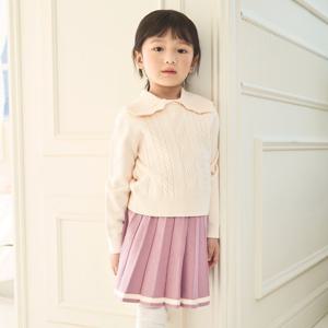 [치크(키즈)]케이블 풀오버 + 체크 주름 스커트 스웨터 세트 히의CKSV24W2G