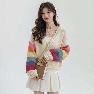 레인보우 배색 가디건 브이넥 가을 봄가디건 루즈핏 크롭 숏가디건 캐주얼 데일리 니트