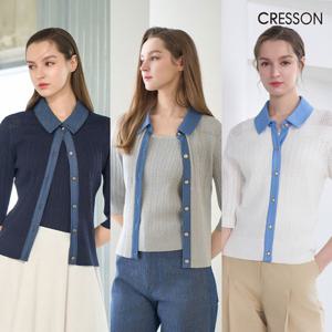 크레송 데님 믹스 크로쉐 니트가디건 C251B901A (3컬러)