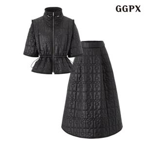 [GGPX]퀼팅 집업 자켓 플레어 스커트 뒷밴딩 패딩 셋업 (GPDOW021D)