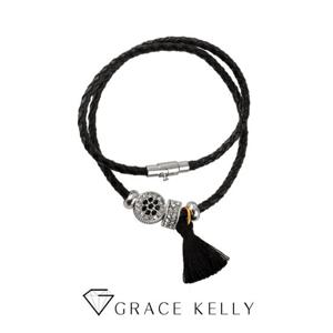 그레이스켈리 심플 투라인 블랙플라워 가죽 팔찌 BZ291