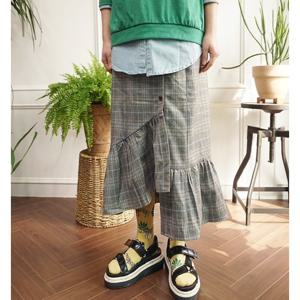 [앞머리]클래식 체크 뒷밴딩 단추 프릴 롱 스커트n319