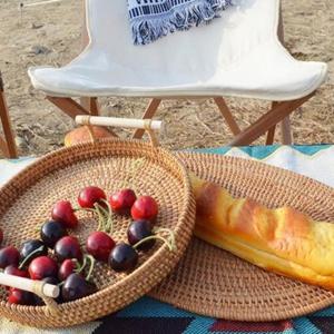 손잡이 라탄 트레이 피크닉 대나무 캠핑 소풍 바구니 중