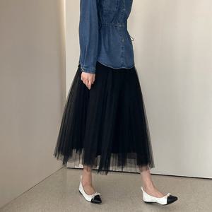 [어반프랑] 샤샤 풍성한 3겹 망사 플리츠 주름 레이스 롱스커트