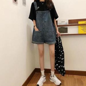 [에스이엔몰] 여자 롤업 멜빵바지 청 바지 반바지