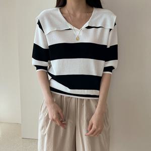 [어반프랑] 이엘 세일러 카라 스트라이프 무지 쿨 5부 반팔 니트