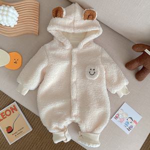 [엠케이] 뽀글이베이지 해피베어 유아후드우주복(66-90) 205020