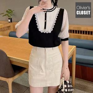 [한정/특가] 로맨틱 레이스 배색 반팔 니트_O2204KN615B