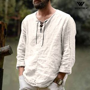 여름 긴팔 린넨 스트링 V넥 티셔츠 남자 남성 브이넥 WI017T