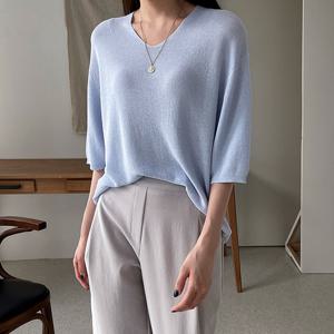 [어반프랑] 엘린 브이넥 루즈핏 하찌 언발 반팔 니트