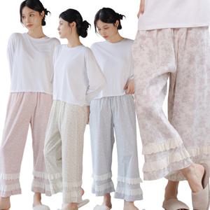 마누아 여성 고밀도 순면 플라워 2단 레이스 와이드 얇은 파자마 홈웨어바지