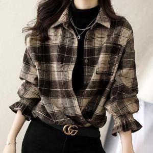 여성 커피색 캐주얼 모직 체크 셔츠 밴딩 프릴 소매