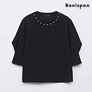 [보니스팍스]진주 포인트 라운드 절개 퍼프 티셔츠 (XO1LW042L0)