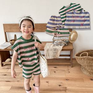 [엠케이] 투톤단가라 자수 아동 크롭나시반바지상하세트 205442