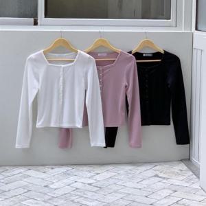 빅사이즈슬림티 Q081L410 젤리크롭버튼골지스판티 DD