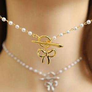 [엠던] 핵진주 초커 리본 토글바 드롭 목걸이