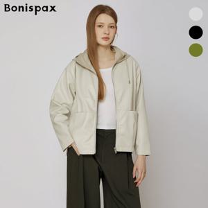 [보니스팍스(여성의류)]배색 후드 페이크 레더 점퍼 (XP2JP002M0)
