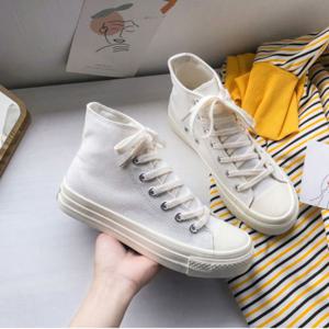 흰색 끈 캔버스 학생 운동화 하이탑 스니커즈