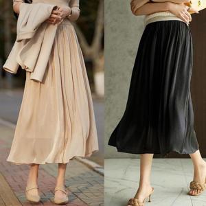 G126836_새틴 밴딩 주름롱치마 광택 플리츠 A라인 롱스커트