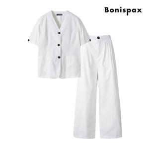 [보니스팍스(여성의류)]린넨 V넥 자켓 백 밴딩 팬츠 셋업 (XP4OP026M0)