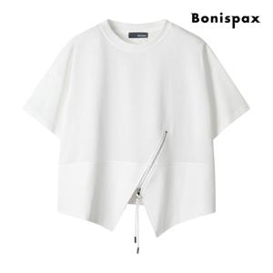 [보니스팍스(여성의류)]사선 지퍼 배색 반팔 티셔츠 (XP4TS024M0)