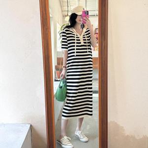 [써니 패션] 여름 휴양지 단가라 후드 니트 롱 원피스