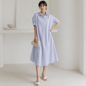 [바네사빈] 스트라이프 플레어 롱카라 원피스 v01219