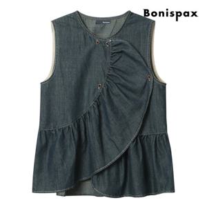 [보니스팍스(여성의류)]레이어드 셔링 슬리브리스 데님 셔츠 (XP6SH006M0)