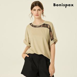 [보니스팍스(여성의류)]시스루 배색 드롭 숄더 5부 티셔츠 (XP6TS006M0)