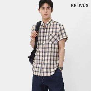 빌리버스 남성 반팔 셔츠 체크 버튼다운 카라 캐주얼 남방 BBI108