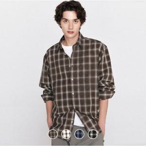 [지오다노]남성 오버핏 포플린 코튼 체크 긴팔 면 셔츠 045911